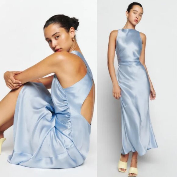 NWT Reformation Casette Midi Silk Dress Sz 10 Blue Horizon Open Back Cut-out - Picture 2 of 10